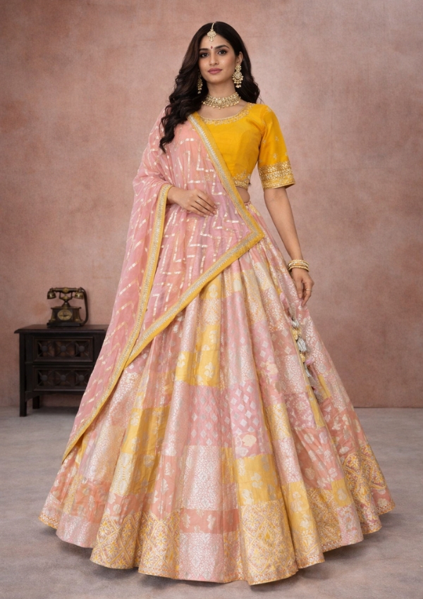 Yellow Pink Patchwork Chaniya